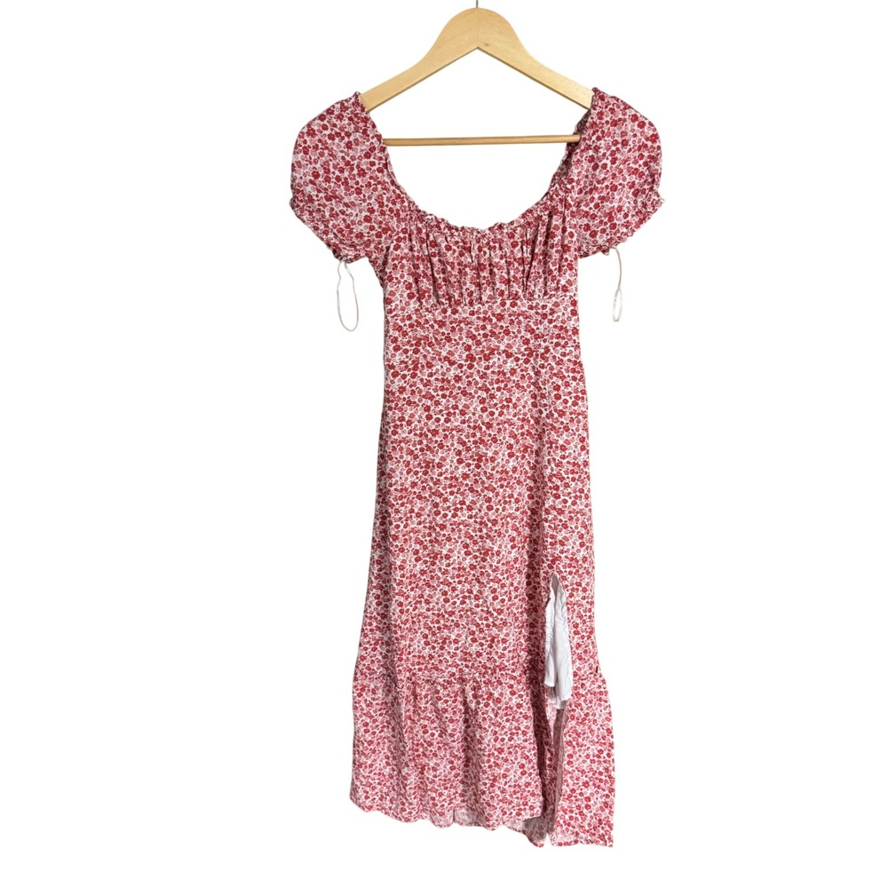 Hollister Red Floral Puff Sleeve Midi Dress XS Smocked Back‎ Side Slit Milkmaid